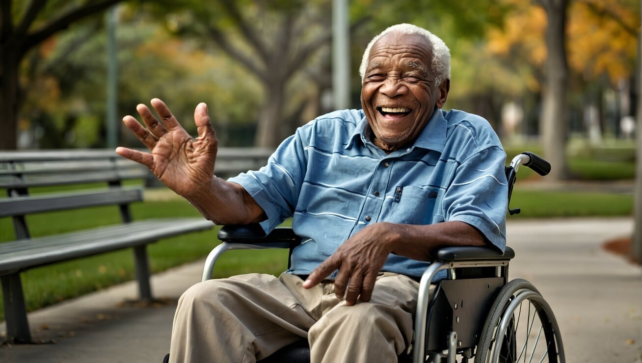 Joyful elderly man in his nineties waving from a wheelchair in a park enjoying active senior living with home care support